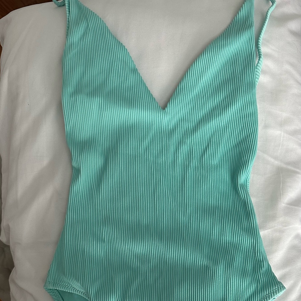 NWT Top Shop Aqua One Piece Ribbed Swimsuit Low back
